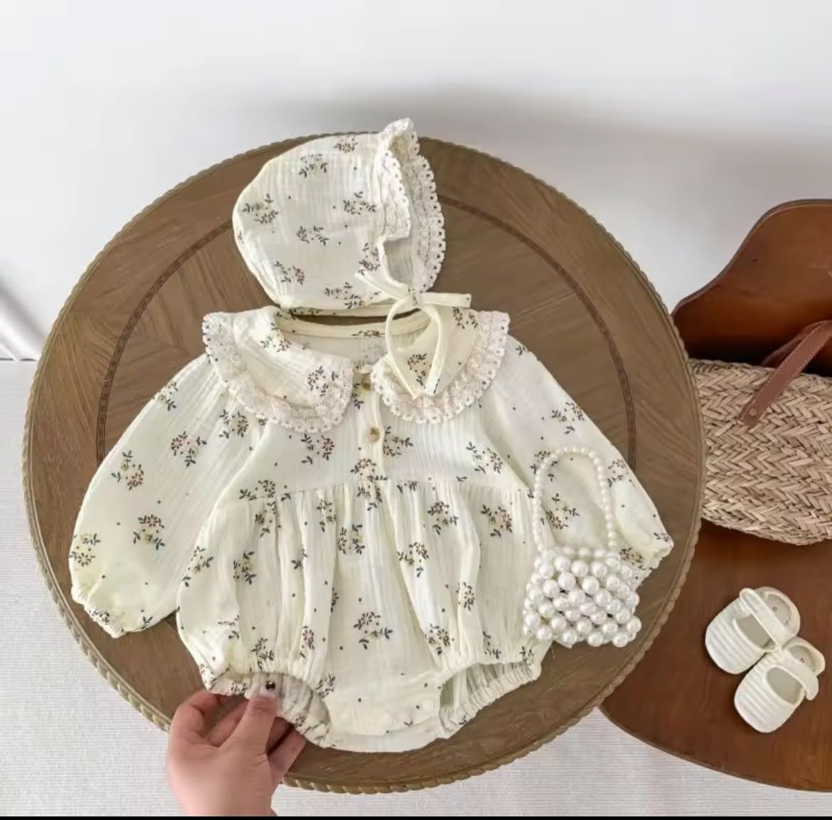 Soft Cream Floral Long-Sleeve Romper& bonnet